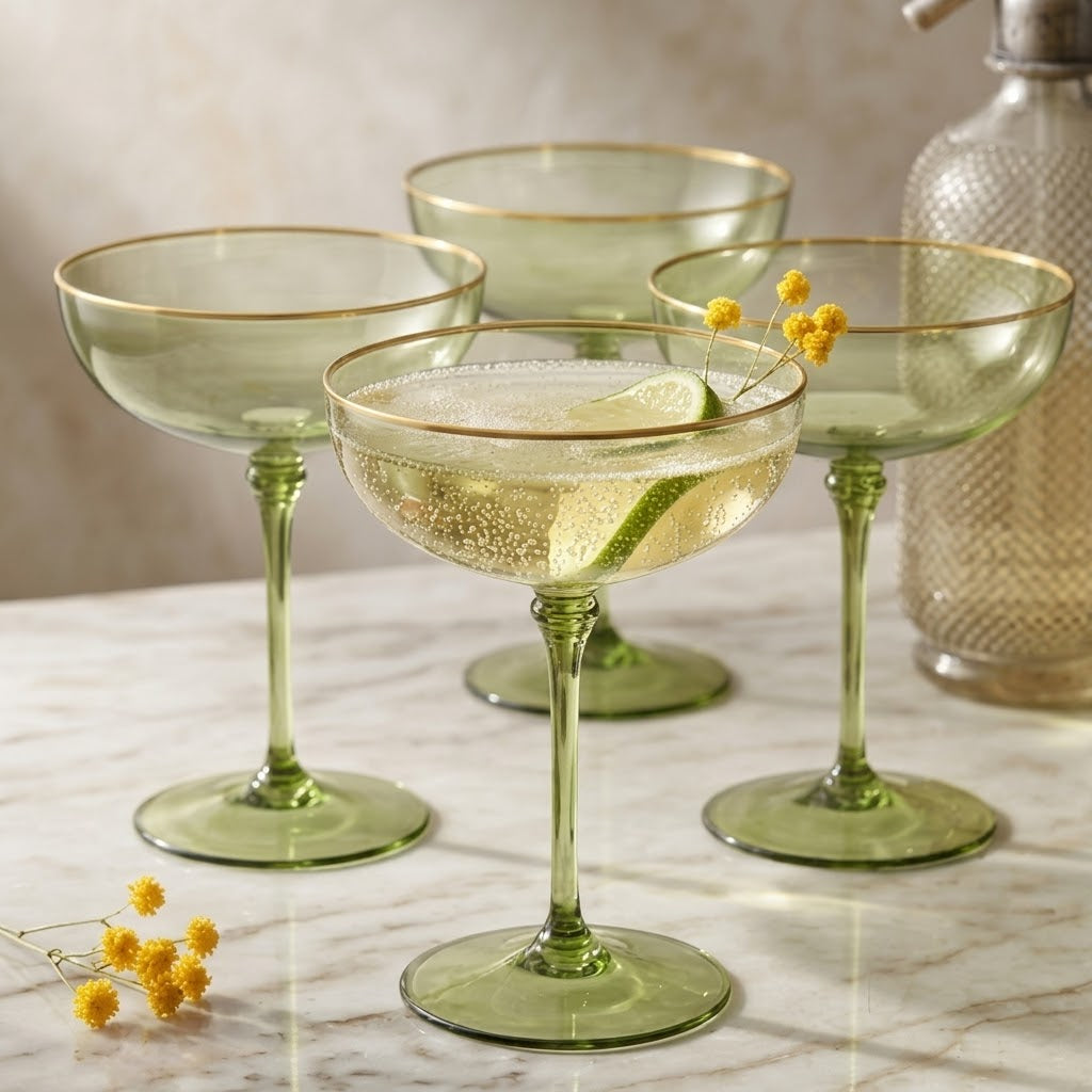 Sage Green Gold Rim Coupe Glass Set