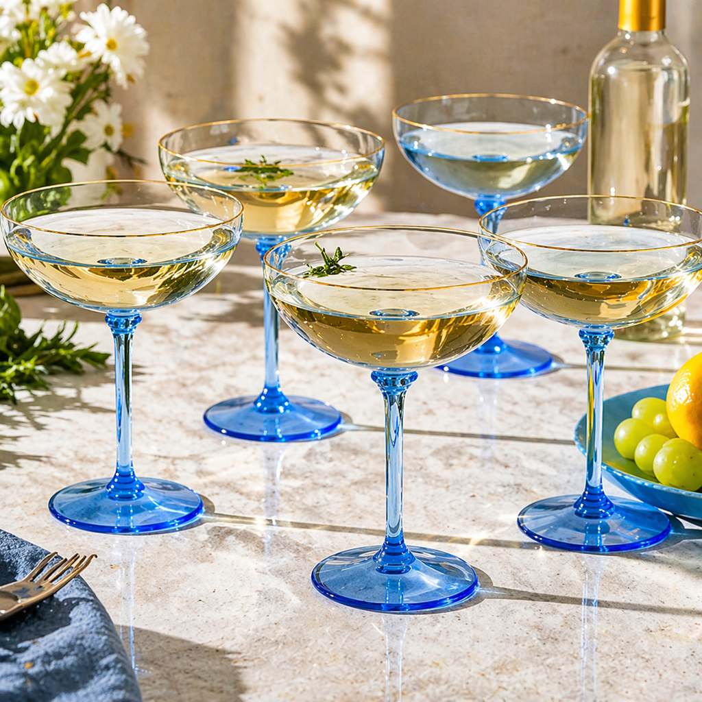 Sky Blue Gold Rim Coupe Glass Set