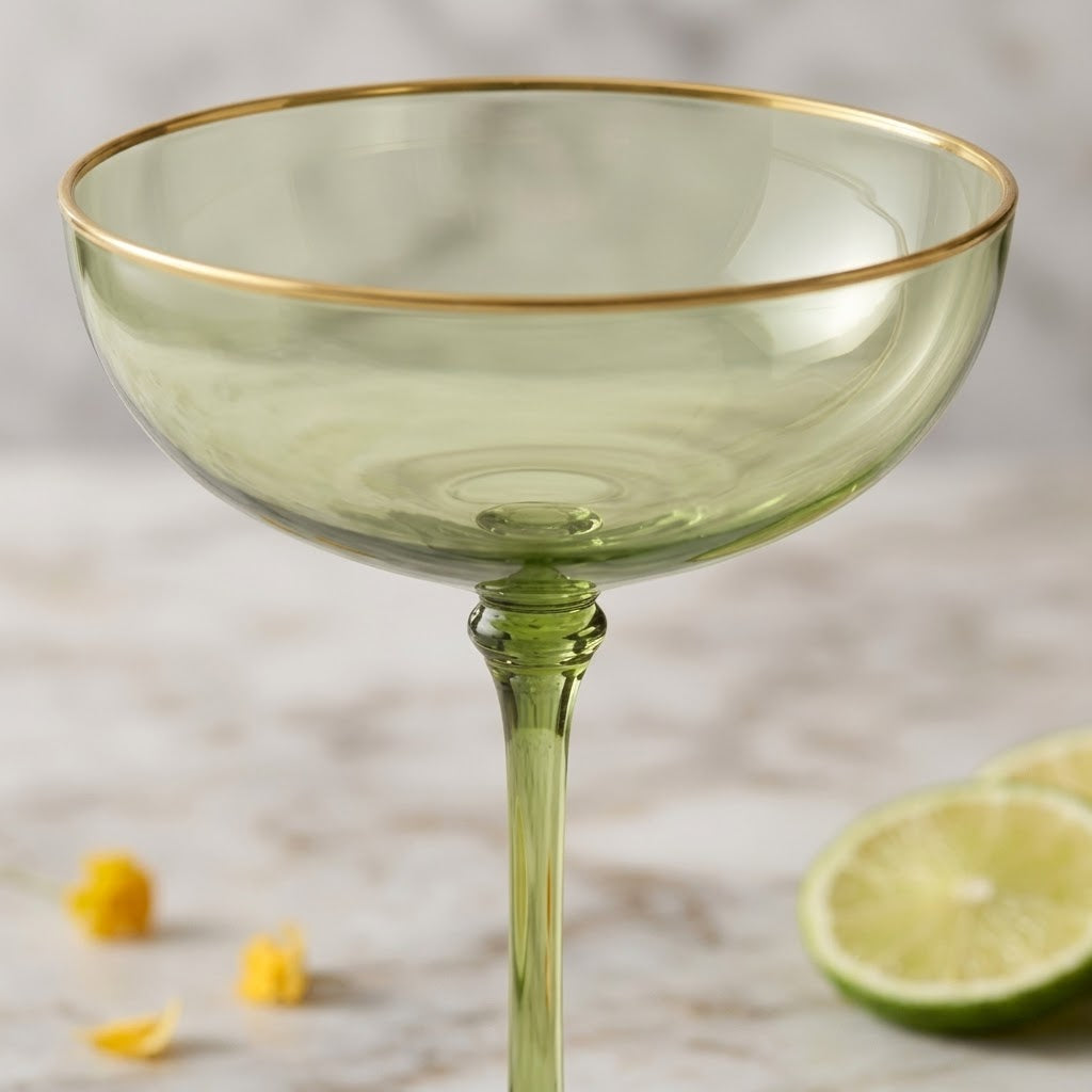 Sage Green Gold Rim Coupe Glass Set