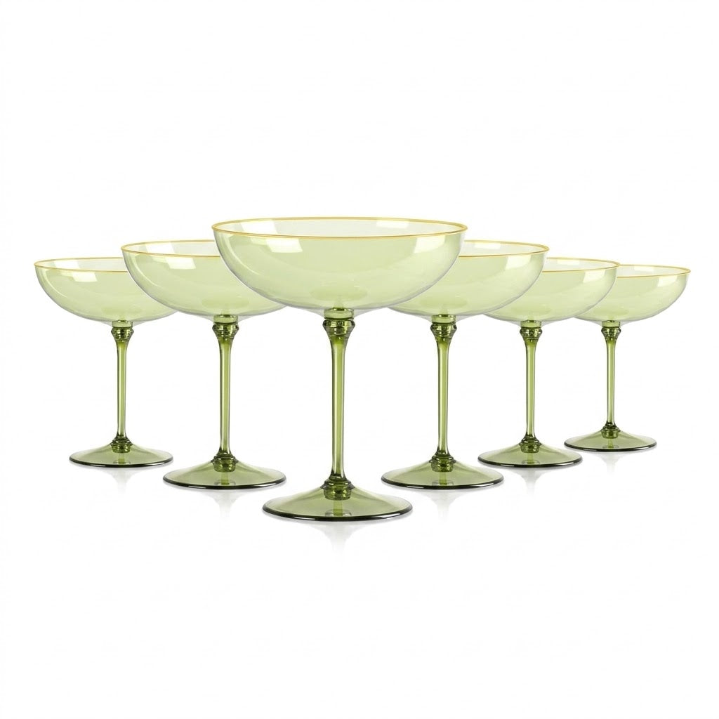 Sage Green Gold Rim Coupe Glass Set